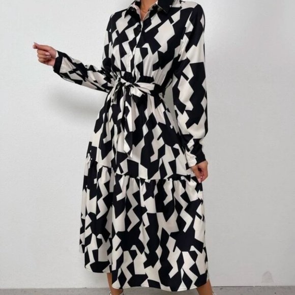 Black & white Geometric Pattern Belted Shirt Dress - Picture 2 of 9